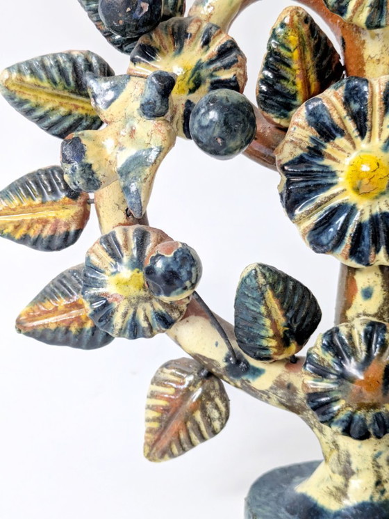 Image 1 of Vintage Mexican Tree of Life Ceramic Candleholder, 1970s Folk Art Candelabra with Birds & Flowers