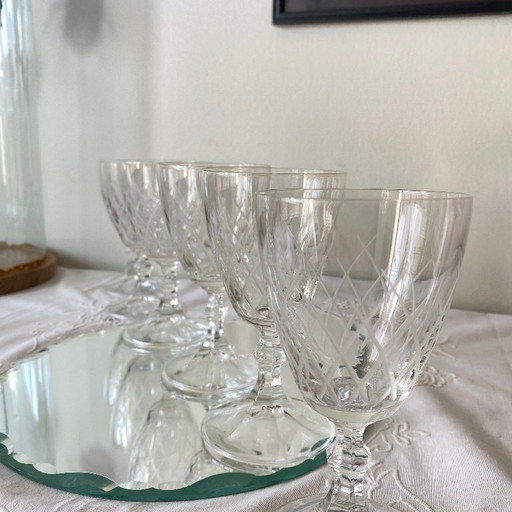 6 Antique Engraved Glasses, Wine or Water Glasses