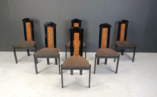 Set of 6 Burl Wood and Lacquer Dining Chairs, Set of 6 - 1980s