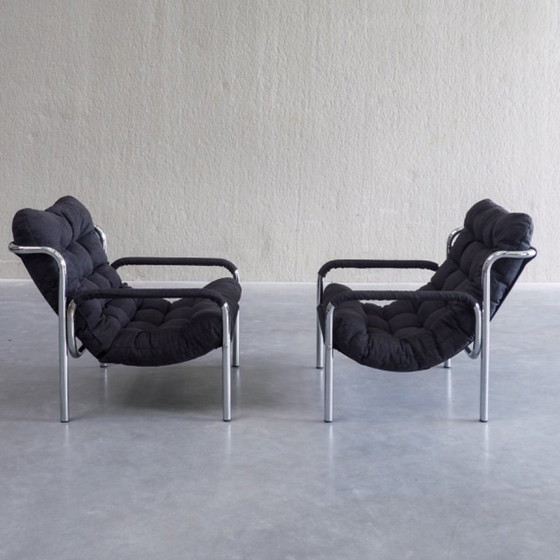 Coppia di Poltrone Tubolari Mid-Century Modern, Tessile, Nero (foto 7 di 12)