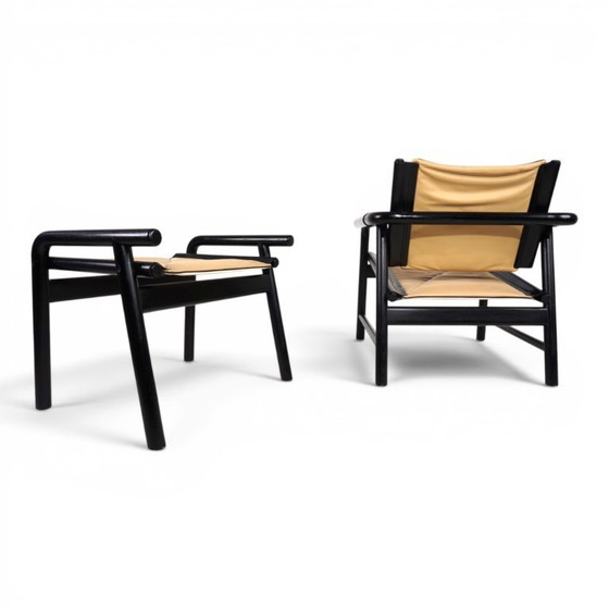 Image 1 of WK Möbel leren fauteuil met voetenbank – toegeschreven aan Hans Eichenberger, 1970