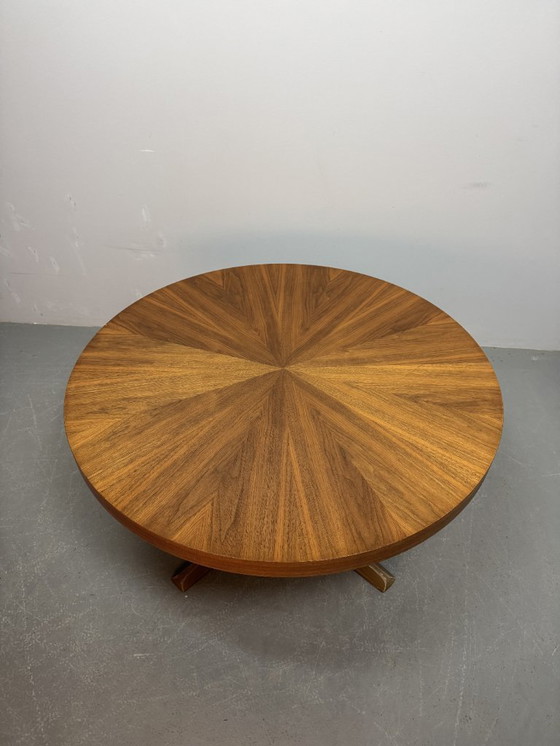 Image 1 of Mid-Century Design Round Adjustable Wooden Veneer Coffee / Dining Table by Ilse Möbel with Solid Centered Pedestal, Germany 1960