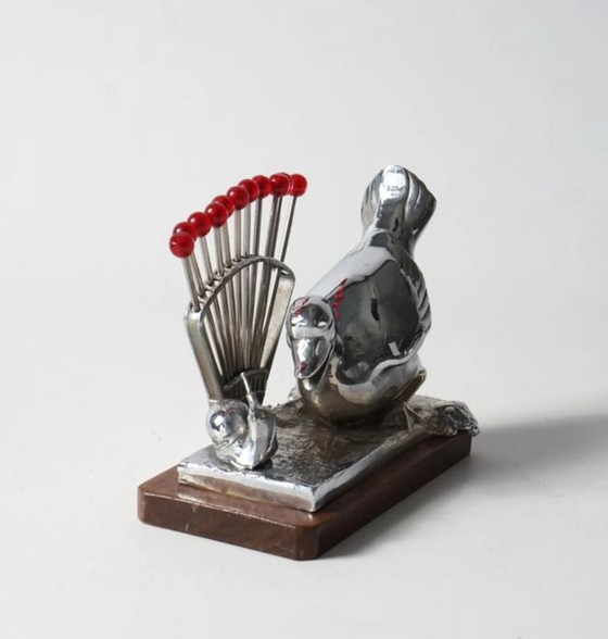 Image 1 of Original Benjamin Rabier Art Déco Chrome sur plateau en bois Cocktail / Bowle Piekser Set des années 1930.