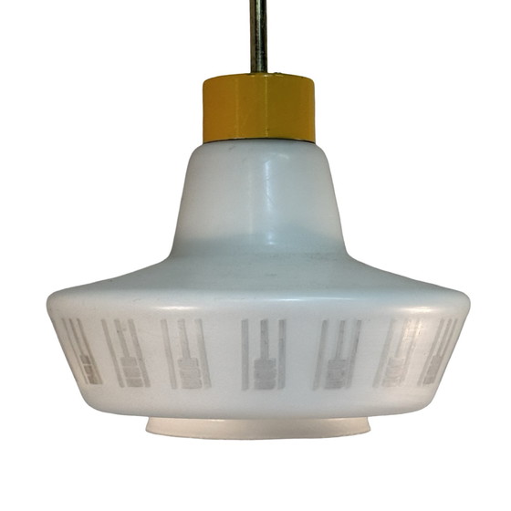 Image 1 of Vintage 50’s MCM Hanging pendant - Frosted / semi translucent white glass - Yellow ceiling mounted canopy and brass upright