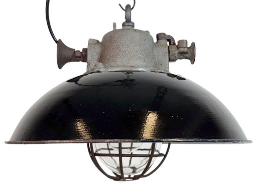 Suspension cage industrielle en émail noir et fonte, années 1960