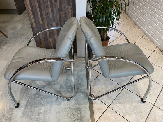 Image 1 of Pareja de sillones plegables Souvignet en cuero cromado gris, 1980