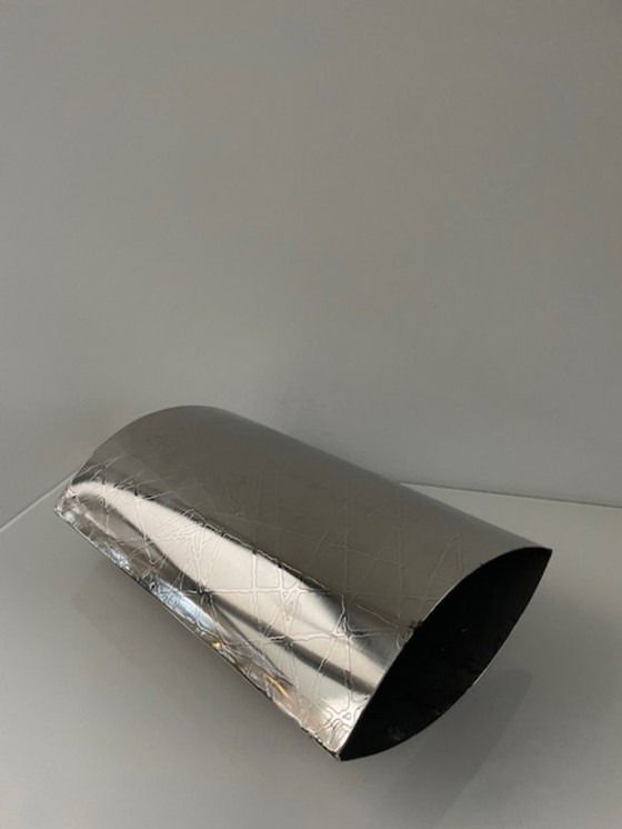 Image 1 of Metal designer vase with wood grain pattern – elliptical shape