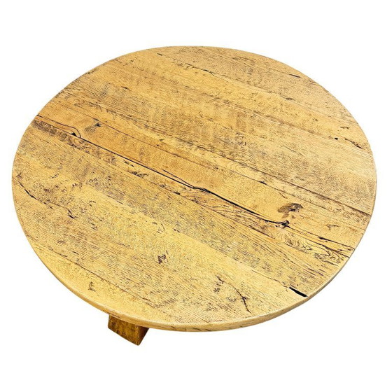 Image 1 of Rustic solid oak coffee table – round brutalist style – vintage European design