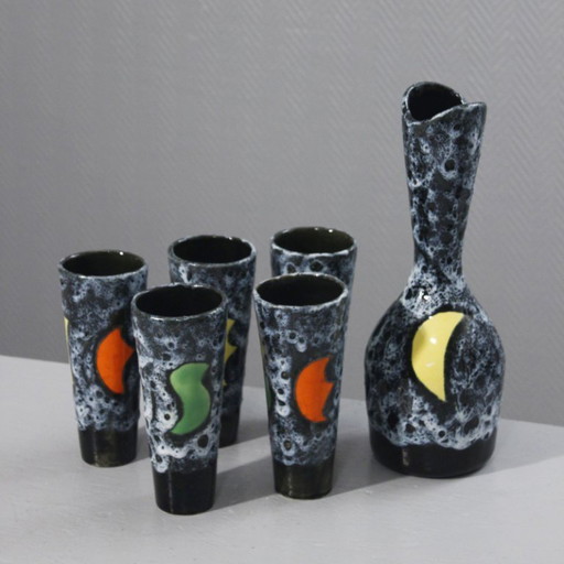 Luc Vallauris juice set carafe + 5 lava enamel tumblers France 1950s