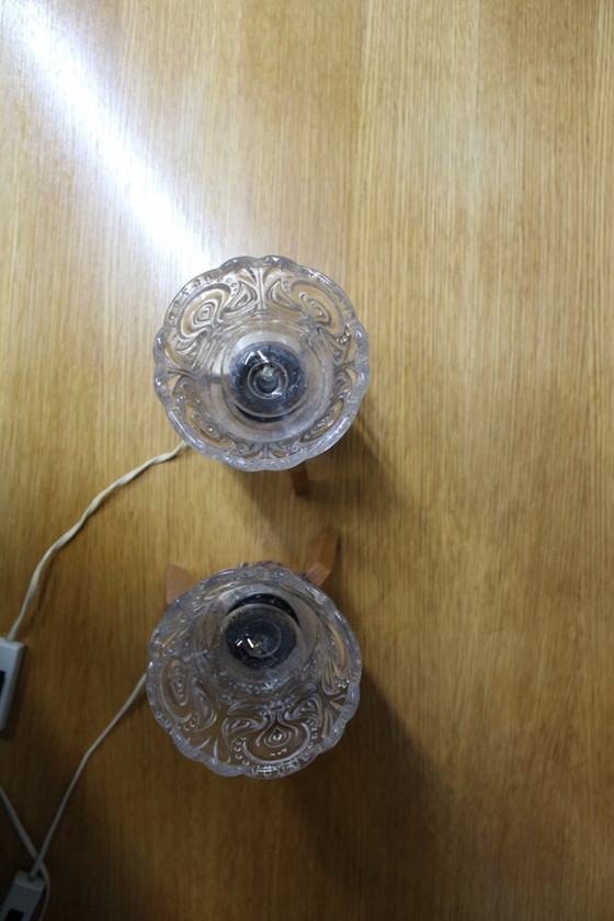 Image 1 of Pair Czech 1970s Wood and Yellow Glass Mid Century Table Lamps