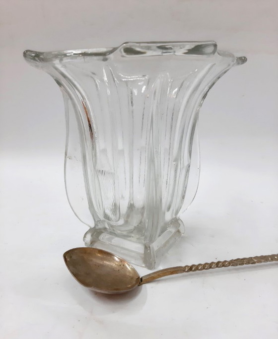 Image 1 of Secchiello per il ghiaccio vintage con cucchiaio; ciotola per il ghiaccio in vetro trasparente pesante