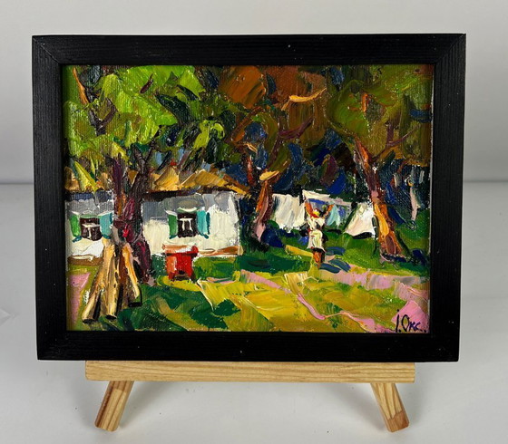 Image 1 of Origineel olieverfschilderij: Landelijk landschap, Huis, Het schoonmaken van de dorpstuin
