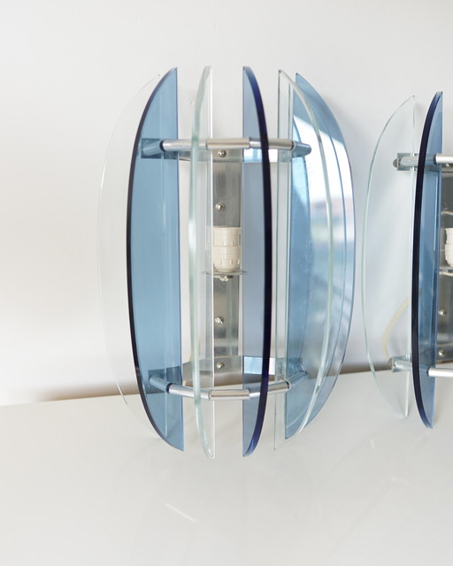 Paire d'Appliques Murales Italiennes VECA pour Fontana Arte – en Acier Chromé et Verre Cristal – Années 60