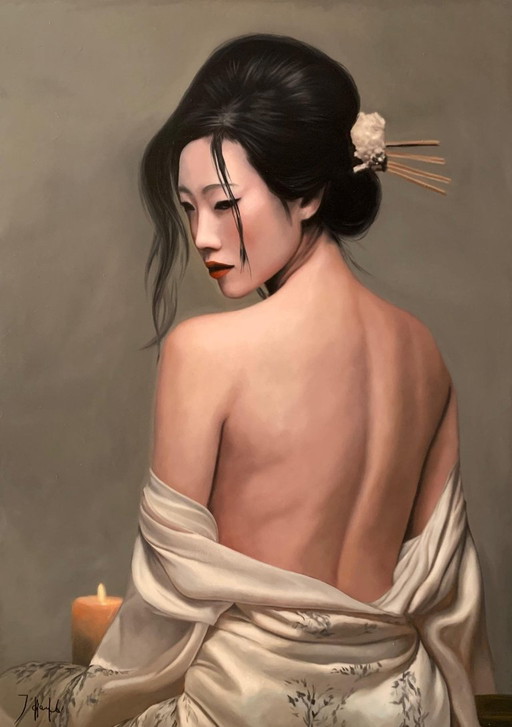 'Geisha de Marfil' – Peinture à l'huile originale, 70 × 50 Cm