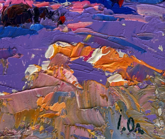 Image 1 of Original Oil Painting Evening Field Landscape Cold evening in the field