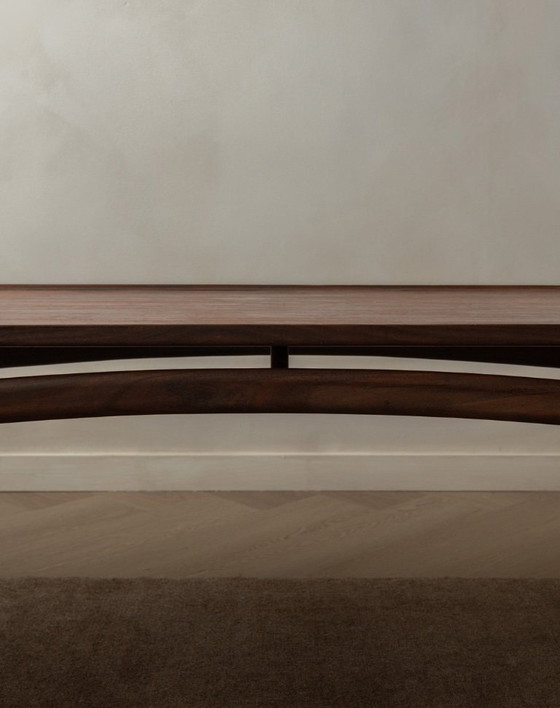 Image 1 of Vintage Teak Coffee Table, Mid Century Modern, Tray-Top Form, Sculptural Arched Stretchers, 1960s