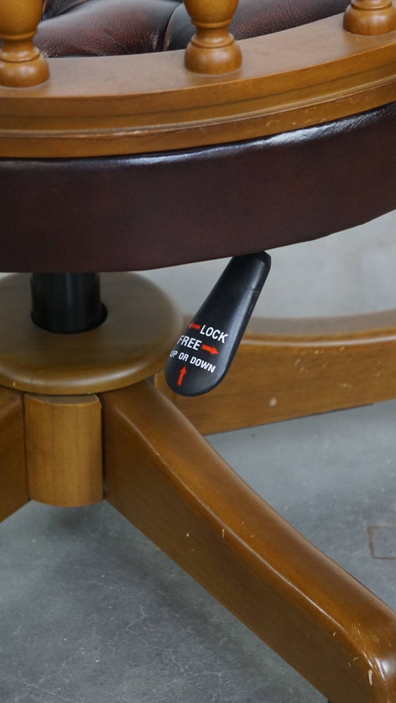 Image 1 of Brown height adjustable cowhide leather and wood chesterfield office chair on wheels