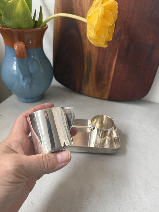 Juego de leche y azúcar vintage bañado en plata – Plato Hollandia – Diseño Art Déco
