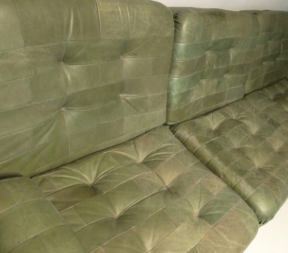 Image 1 of Patchwork Modular Sofa Set in Olive Green Patinated Leather by Laauser 1970s