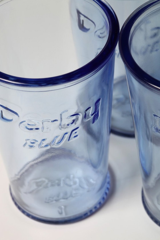Image 1 of Set van 3 vintage Derby Blue glazen in lichtblauwe kleur / Rastal / Italië / 2001