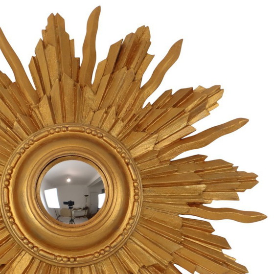 Image 1 of Vintage Houten Zonnespiegel Sunburst Convex Goud 46cm