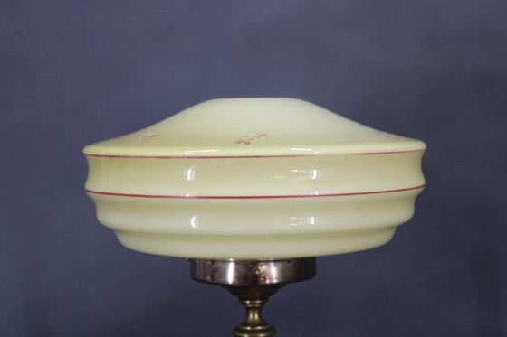Image 1 of    	 1940s Restored Brass Table Lamp with Wooden Base and Glass Shade