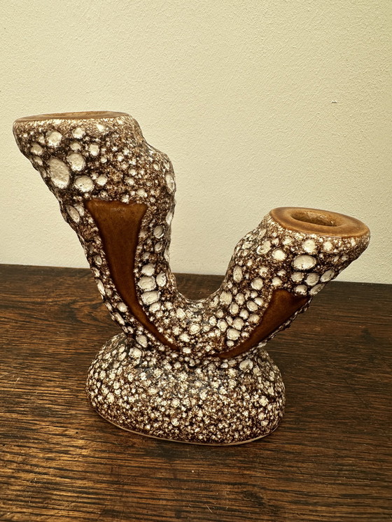 Image 1 of Vintage enamel and fat lava two-branch candle holder - attributed to Vallauris - Vintage