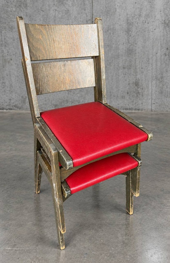Grand lot de chaises vintage empilables, Chaises de salle à manger, Bois, Skaï, Rouge (photo 2 sur 14)