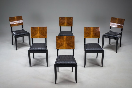 Image 1 of Art Deco French Walnut & Burl Dining Set, 1930s, Set of 7