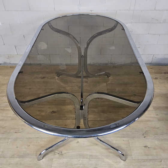 Image 1 of Vintage Gastone Rinaldi voor Rima chroom & rookglas eettafel + stoelen met kleurrijke bekleding (Itiliaans design)
