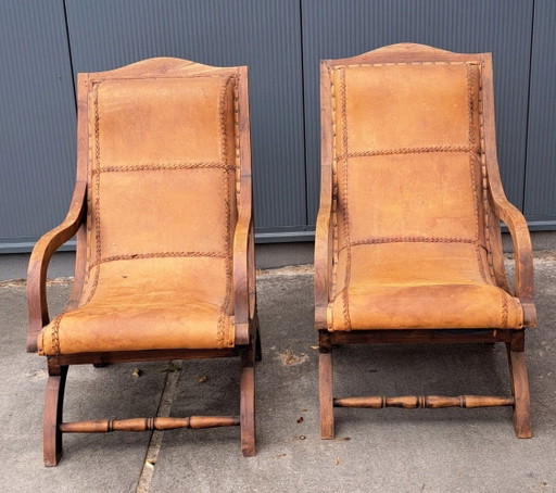 Set of Plantation British Colonial Vintage Armchairs – fauteuils, Leather, Metal (photo 2 of 8)