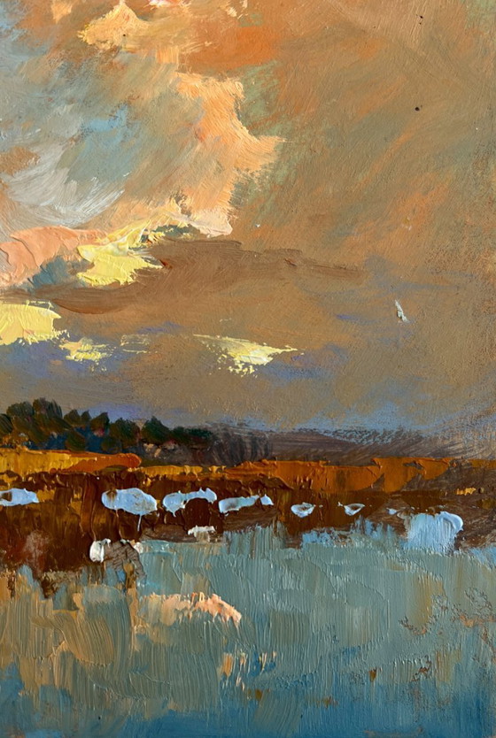 Image 1 of Original Oil Painting Sunset Field Landscape Sunset over the lake
