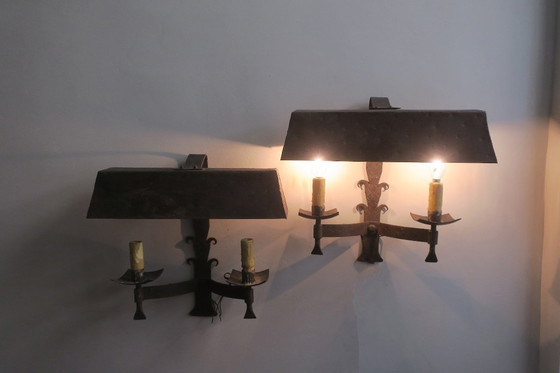 Image 1 of Pair of Mid-Century Brutalist Patinated Iron Wall Lights, 1950s-60s