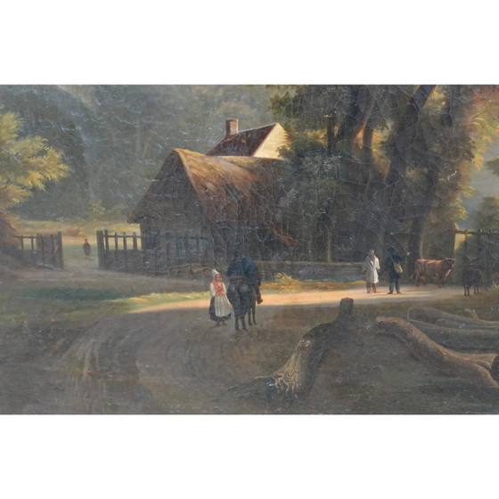 19e-eeuwse Franse School – Groot Olieverf op Doek - Geanimeerd Landschap met Cottage (photo 11 of 11)