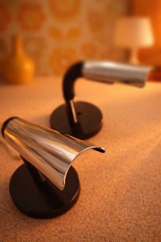 Image 1 of Set van twee vintage Goffredo Reggiani G22 tafellampen – Gemaakt in Italië, modernistisch design, zwart en chroom, origineel.