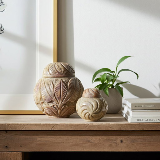 Set di 2 barattoli per lo zenzero in pietra ollare naturale intagliati a mano in stile vintage