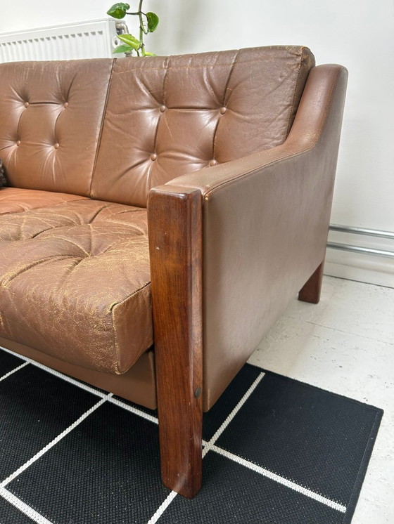 Image 1 of Scandinavische Mid-Century driezits leren bank met palissander