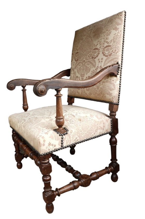 Sessel im Stil Louis XIII, handgefertigt, antik, 65 x 60 x 109 cm – Textile, Wood (photo 2 of 14)