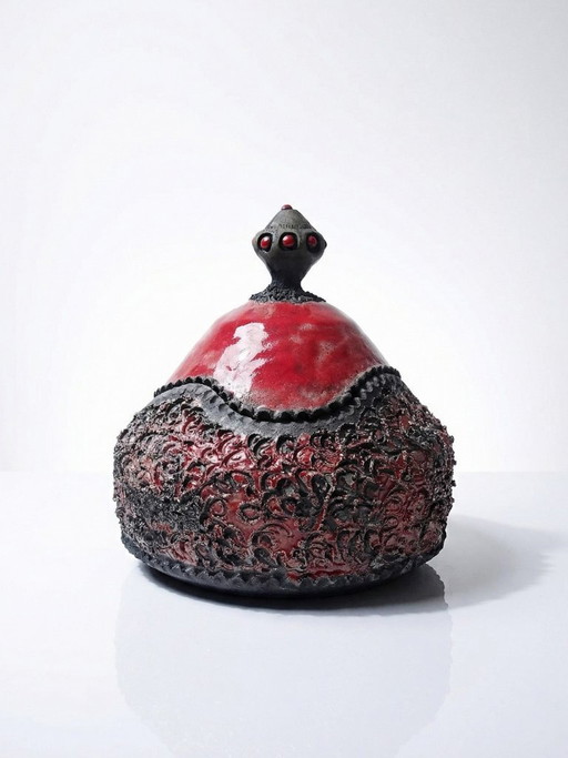 Vintage 2000s handcrafted raku jewelry box in red and grey