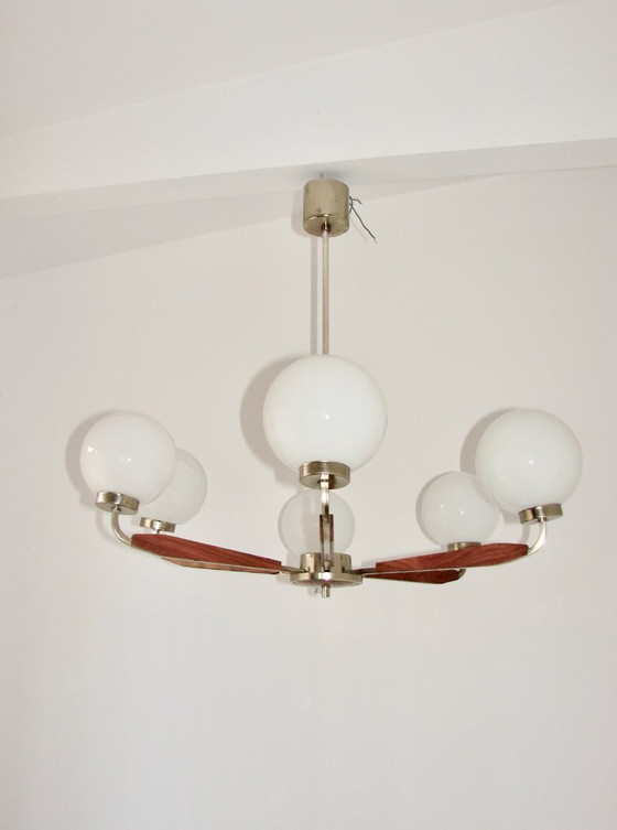 Image 1 of Modern chandelier from the 1970s – metal, teak wood and glass, 6xE14