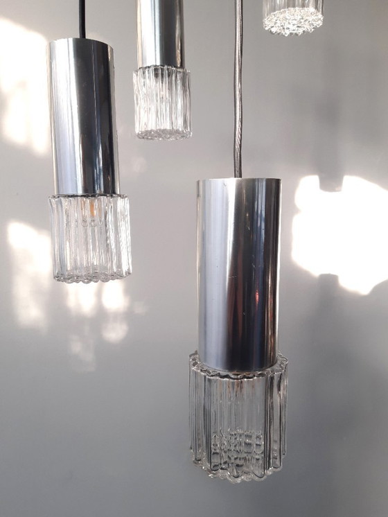Image 1 of Vintage cascade pendant lamp with 5 transparent glass bubble glass cups, mcm glass chrome chandelier