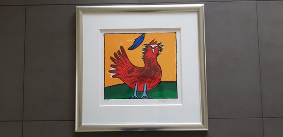 Image 1 of Sérigraphie Corneille L'Oiseau Hollandais (oiseau rouge, lune bleue).