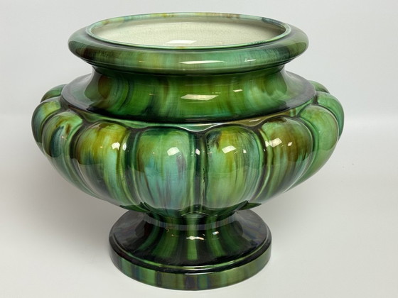 Image 1 of Beautiful Big Art Nouveau Majolica Jardiniere in High Gloss Green Tones