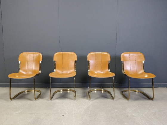 Image 1 of Vintage brass and cognac leather dining chairs by Willy Rizzo for cidue set of 4, 1970s