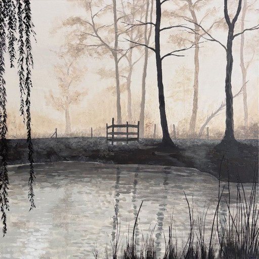 Sfeervol mistig boslandschap met water en reflecties | titel:0414 | 80 x 80 cm