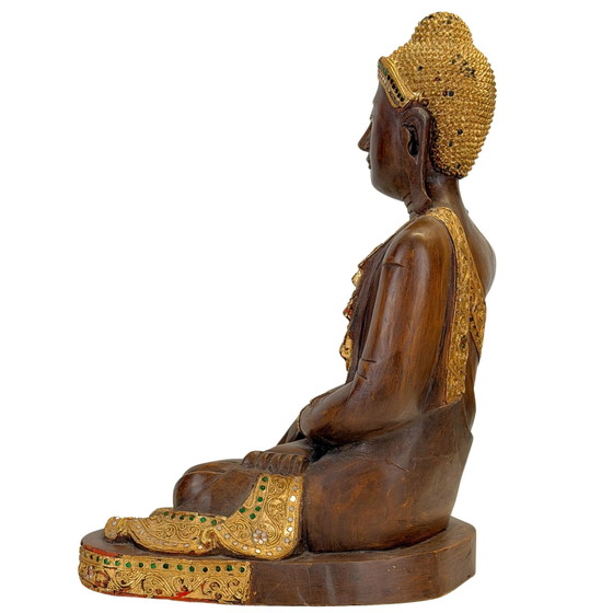 Antique Burmese Mandalay Wooden Buddha – Bhumisparsha – c. – Sculpture, Glass (photo 14 of 23)