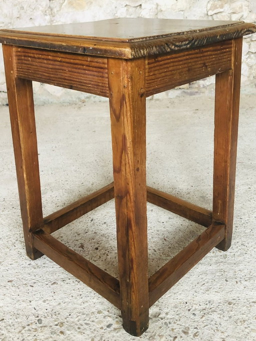 Vintage Farmhouse Wood Stool With Footrest