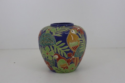 Tropical Art Deco Style Vase – Parrot & Monstera Decor (27 cm) – vazen, Ceramic