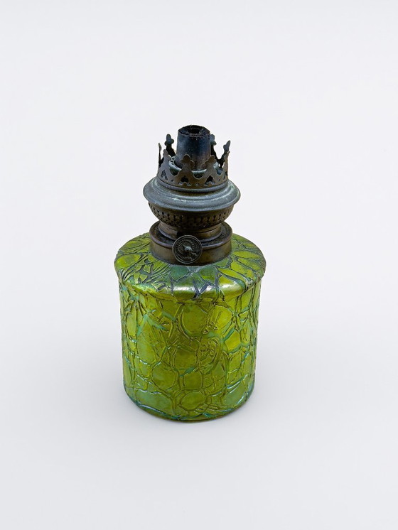 Image 1 of Art Nouveau Oil Lamp Iridescent Green and Opaline Shade