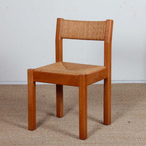 Image 1 of Ensemble de 6 vintage en orme massif et paille, 1970